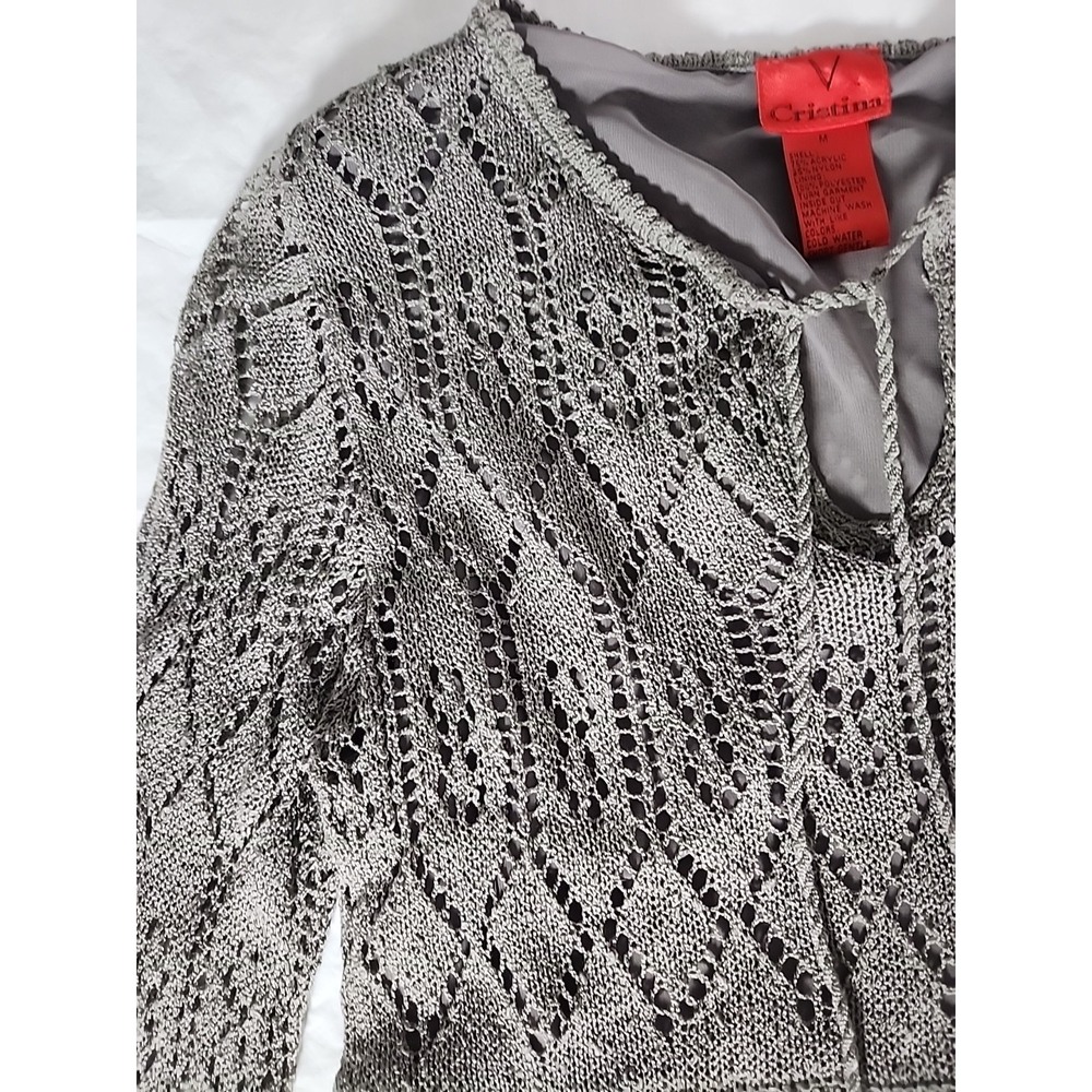 Christina V Women's Medium Crochet‎ Sweater Long Sleeve Gray Toole Trim Boho EUC - Picture 7 of 13